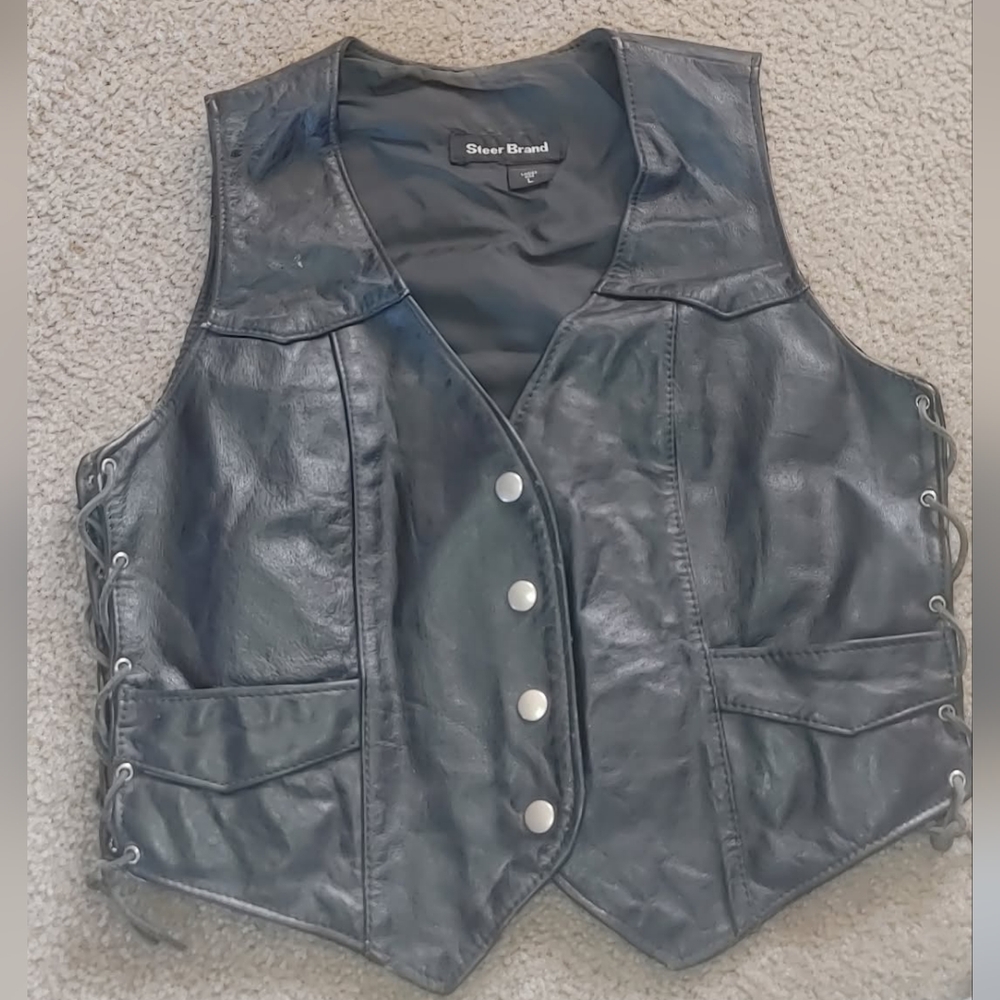 Steer Brand Black Leather Vest Ladies Large
